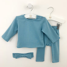 Load image into Gallery viewer, Loungewear set for baby girls available in soft blue or sugar pink. Set comes complete with a headband, long sleeve tee and leggings. Baby girls cotton rich lounge set is perfect for playing and days at nursery or chilling at home.