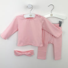 Load image into Gallery viewer, Loungewear set for baby girls aged 0-24 months in sugar pink. Set comes complete with a long sleeve top, leggings and a headband that all match. Button fastenings to the neck and elasticated waist on the leggings.