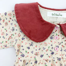 Load image into Gallery viewer, Peter pan collar features on our baby girls romper. Flower print makes up this outfit for baby and toddler girls 0-2 years.