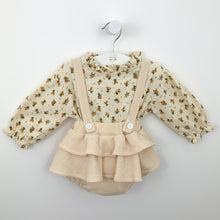 Load image into Gallery viewer, Our dreamy bloomer set for girls is perfect for baby girls and toddlers. Co mplete with a floral shirt that buttons down the centre back and a dungaree style bloomers with detachable straps. The shirt feautes the prettiest floral print. A girls outfit for ages 0-24 months.