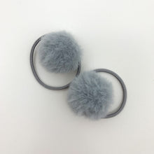 Load image into Gallery viewer, Grey bobbles for girls. Our fluffy pompom bobbles are so dreamy and perfect for styling your little girls hair. Elasticated band for toddler girls and baby girls hair.