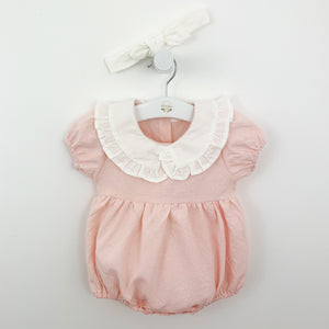 Pretty in pink baby girls frill collar romper. A swett little outfit complete with a white headband. Gingham print and puff sleeves. Gathered at the waist making this is beautiful style for girls aged 0=24 months. Shop our baby collections online at Bel Bambini baby boutique.