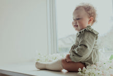 Load image into Gallery viewer, Spring summer clothing for your baby and toddlers. Baby girl wearing our flutter detail romper in sage green.