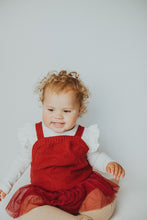 Load image into Gallery viewer, Girls romper in red with a mesh skirt. Knitted with a heart detail to the front chest. Christmas romper in red is perfect for 0-24months girls.