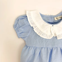 Load image into Gallery viewer, Detail shot of one of our beautiful baby girls rompers. Puff sleeves and a frill collar add so much style to this little garment. Perfect outfit for girls in 100% cotton.