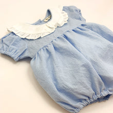 Load image into Gallery viewer, Toddler and baby girls romper made in 100% cotton fabric, short sleeves and a frill collar in a blue gingham print. Cute summer rompers for girls at Bel Bambini baby boutique.