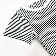 Load image into Gallery viewer, Detail shot of our striped boys short sleeve tee. Comes with a matching pair of shorts. Great little summer outfit for toddler boys. 
