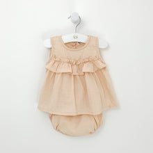 Load image into Gallery viewer, Baby girls summer outfit. A pretty top and bloomers set for girls in nude pink. Ruffles and frills make this a stylish summer set. sizes 0-2 years. Sleeveless top and ruffle bloomers for baby girls.