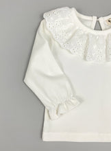Load image into Gallery viewer, Long sleeved super soft blouse, sleeve cuffs have a flutter edge finish. A beautiful broderie anglaise lace trim to the neckling make this top so pretty and perfect to layer underneath dresses and rompers or wear with leggings, skirt or bottoms. Such a versatile top that can be dressed up or down.