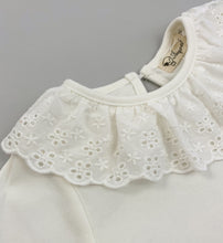 Load image into Gallery viewer, Long sleeved super soft blouse, sleeve cuffs have a flutter edge finish. A beautiful broderie anglaise lace trim to the neckling make this top so pretty and perfect to layer underneath dresses and rompers or wear with leggings, skirt or bottoms. Such a versatile top that can be dressed up or down.