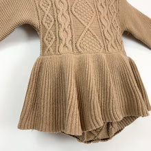 Load image into Gallery viewer, Mocha knitted romper for baby girls and toddler girls. Stylish autumn winter pieces that are exclusive to Bel Bambini baby and toddler clothing boutique. Shop our collections and enjoy free shipping on orders over £80