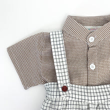 Load image into Gallery viewer, 3 piece set for baby boys, short sleeved shirt, romper and matching hat. Baby romper set is so adorable and available in two colourways, grey or natural.