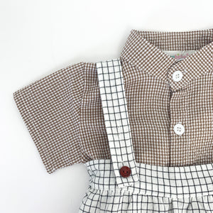 3 piece set for baby boys, short sleeved shirt, romper and matching hat. Baby romper set is so adorable and available in two colourways, grey or natural.