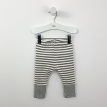 Load image into Gallery viewer, Grey striped leggings for baby and toddler boys 0-2 years. Super soft and comfortable, rib cuff in grey to the bottom of the leg. These leggings are for everyday wear for little ones and for for rolling around in with the soft and stretchy fabric base. Elasticated waistband for an extra comfortable fit
