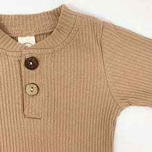Load image into Gallery viewer, Ribbed loungewear set for baby boys up to 24 months. Available in tan or grey marl. Long sleeved set that&#39;s comfortable and soft. 