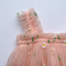 Load image into Gallery viewer, Girls party dress in sizes 12-18 months, 18-24 months, 2- 3 years. Perfect dress for special occasions. Peach dress for girls with embroidered flowers and tulle frill details.