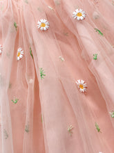 Load image into Gallery viewer, Detail shot showing the beautiful embroidered flowers on our girls tulle tutu party dress. Perfect for party, summer, beach dress, christening dress, birthday party dress for toddlers up to 3 years.