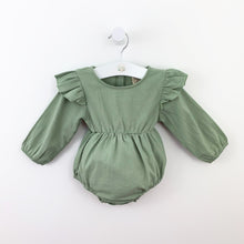 Load image into Gallery viewer, Baby girl romper. Flutter details to the shoulder and long sleeves make this baby girls romper so pretty. Toddlers are so stylish at Bel Bambini.