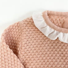 Load image into Gallery viewer, Detail shot of our Bel Bambini two piece knitted set in shell pink. Stunning girls outfit.