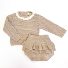 Load image into Gallery viewer, Adorable knitted set, bloomers come with a double tiered frill, super cute and the matching knitted top has the sweetest white frilly trim at the neck, long sleeves and button fastenings down the centre back. Absolutely beautiful outfit for any little girl in a fabulous shade of Taupe.