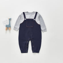 Load image into Gallery viewer, Boys all in one dungaree romper. Popper fastenings to the crotch for easy nappy changes. Long sleeve contrast grey tee and denim style dungarees that make this cute little omne piece look like two seperate pieces. Pocket detail to the front and button fastenings to the straps. Two popper fastenings to the left shoulder.
