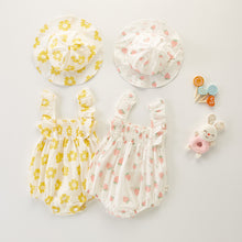 Load image into Gallery viewer, Girls romper sets in 100% cotton fabric are perfect for keeping your baby girls cool and trendy this summertime. Complete with a floppy hat to protect those beautiful eyes from the sunshine. Baby girls clothes for 0-24 months exclusive to Bel Bambini baby boutique.