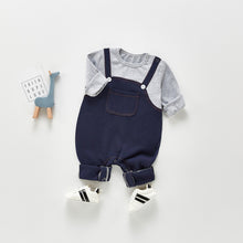 Load image into Gallery viewer, Baby and toddler boys dungaree romper. Popper fastenings and button dtails to the straps. Pocket to the centre front. Available in grey and denim.