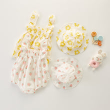 Load image into Gallery viewer, Summer sets for girls with sun hat and romper. Available in yellow floral print or pink strawberry print. For baby girls and toddlers aged 0-24 months. Shop exclusively at Bel Bambini baby boutique.