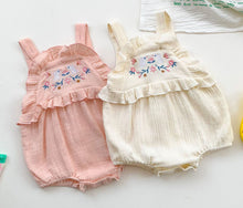 Load image into Gallery viewer, Baby girls romper embroidered with birds and flowers for the cutest summer outfit available exclusively to Bel Bambini baby boutique.