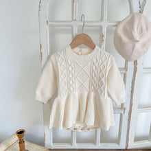 Load image into Gallery viewer, Mocha knitted romper for baby girls and toddler girls. Stylish autumn winter pieces that are exclusive to Bel Bambini baby and toddler clothing boutique. Shop our collections and enjoy free shipping on orders over £80.