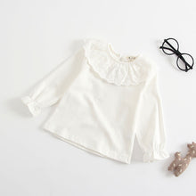 Load image into Gallery viewer, Toddler Long sleeved super soft blouse, sleeve cuffs have a flutter edge finish. A beautiful broderie anglaise lace trim to the neckling make this top so pretty and perfect to layer underneath dresses and rompers or wear with leggings, skirt or bottoms. Such a versatile top that can be dressed up or down.