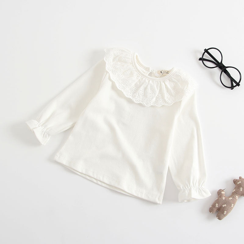 Toddler Long sleeved super soft blouse, sleeve cuffs have a flutter edge finish. A beautiful broderie anglaise lace trim to the neckling make this top so pretty and perfect to layer underneath dresses and rompers or wear with leggings, skirt or bottoms. Such a versatile top that can be dressed up or down.