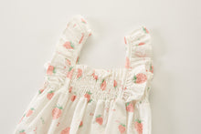 Load image into Gallery viewer, Strawberry printed summer set for girls. Frilled straps to the shoulders and a shirred look to the chest, lightweight cotton making this the perfect summer style. Shop at Bel Bambini baby and toddler clothing boutique.