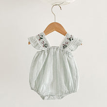 Load image into Gallery viewer, Gingham romper for girls with beautiful lace trims, emroidered flowers and frills. Comes in a lightweight cotton to keep your little one cool in summertime. 0-2 years exclusively at Bel Bambini baby and toddler clothing boutique. Our UK based online boutique offers stylish clothing and accessories for babies and toddlers.