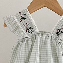 Load image into Gallery viewer, Embroidery and lace trims with frilly shoulders make our gingham romper extra sweet.